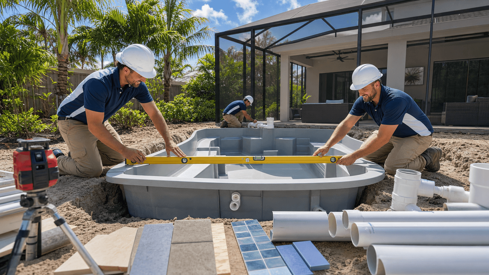 Modern backyard pool under cloudy Florida sky, with palm trees and construction equipment along the deck